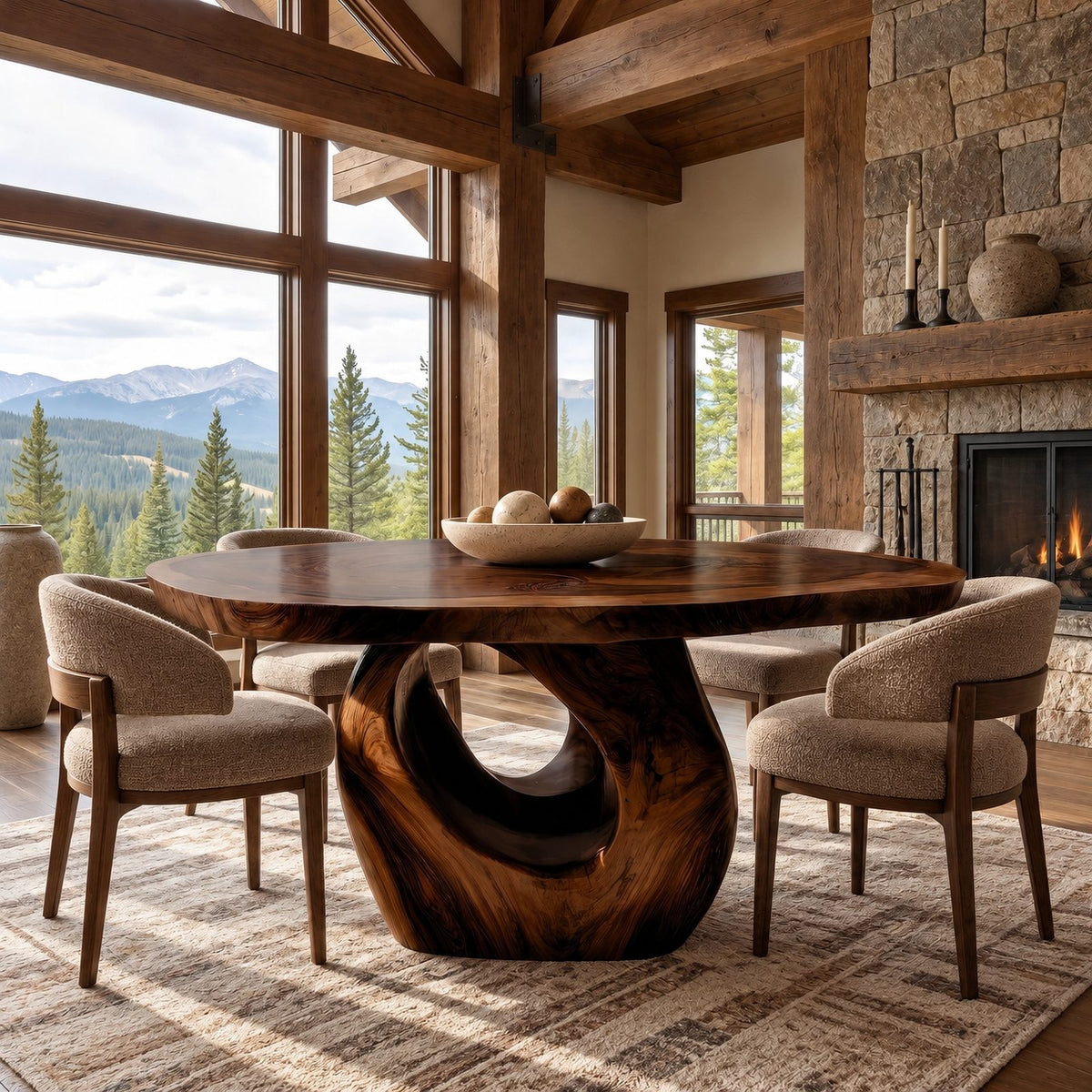 Contemporary Round Dining Table With Sculpted Loop Pedestal For Dining Room