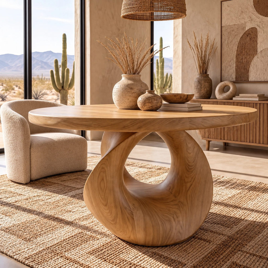 Handcrafted Round Dining Table With Carved Loop Base For Dining Room