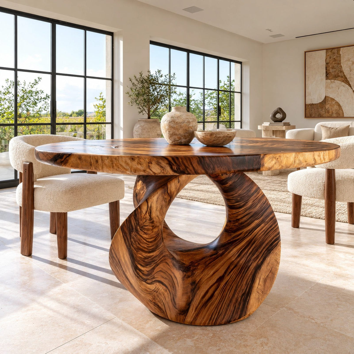 Handcrafted Round Dining Table With Carved Loop Base For Dining Room
