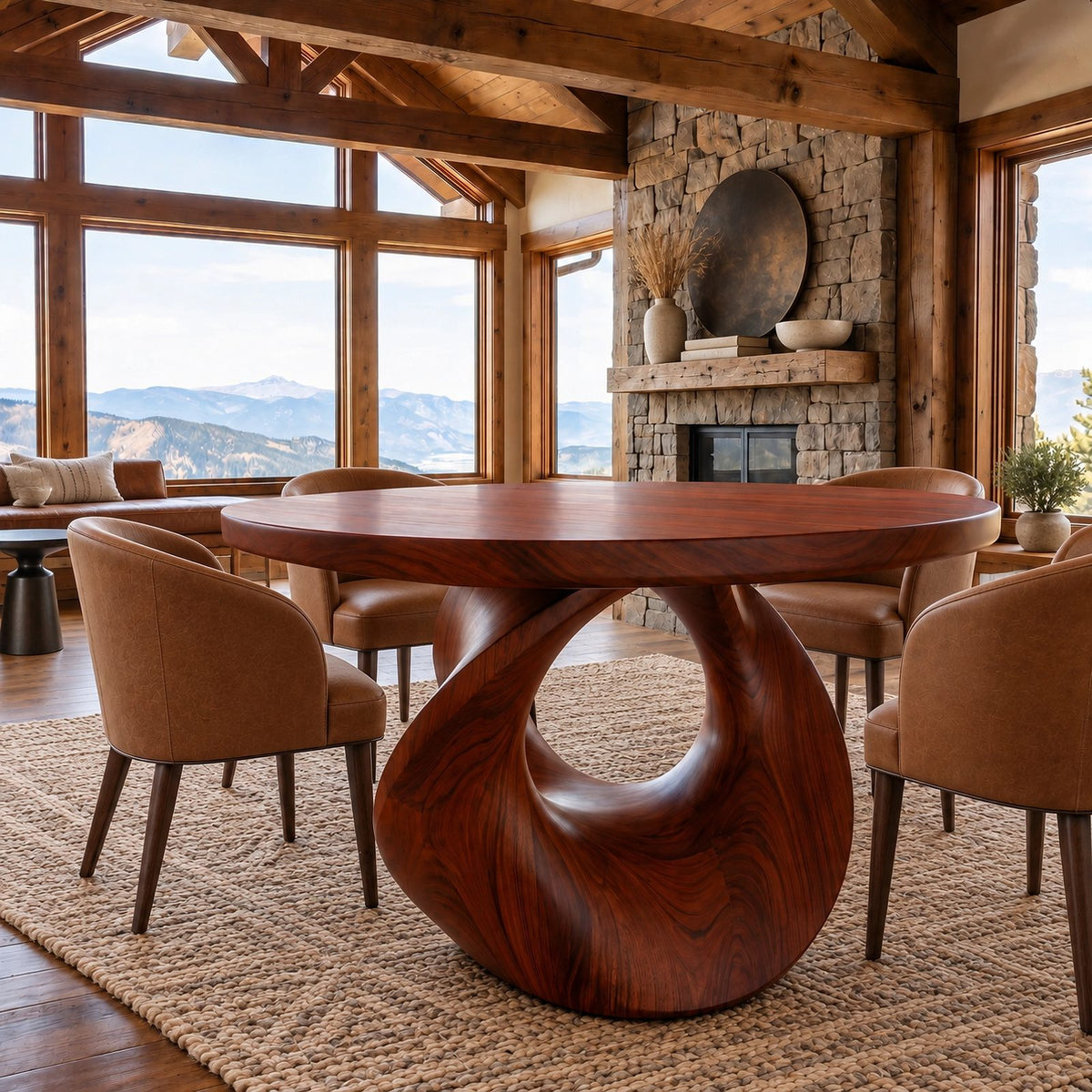 Handcrafted Round Dining Table With Carved Loop Base For Dining Room