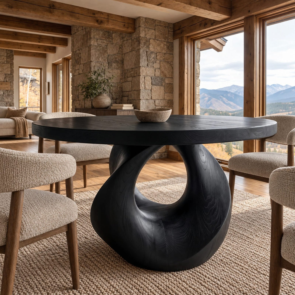 Handcrafted Round Dining Table With Carved Loop Base For Dining Room