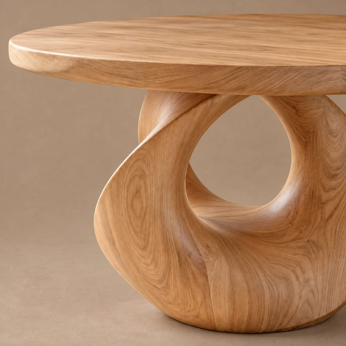 Handcrafted Round Dining Table With Carved Loop Base For Dining Room