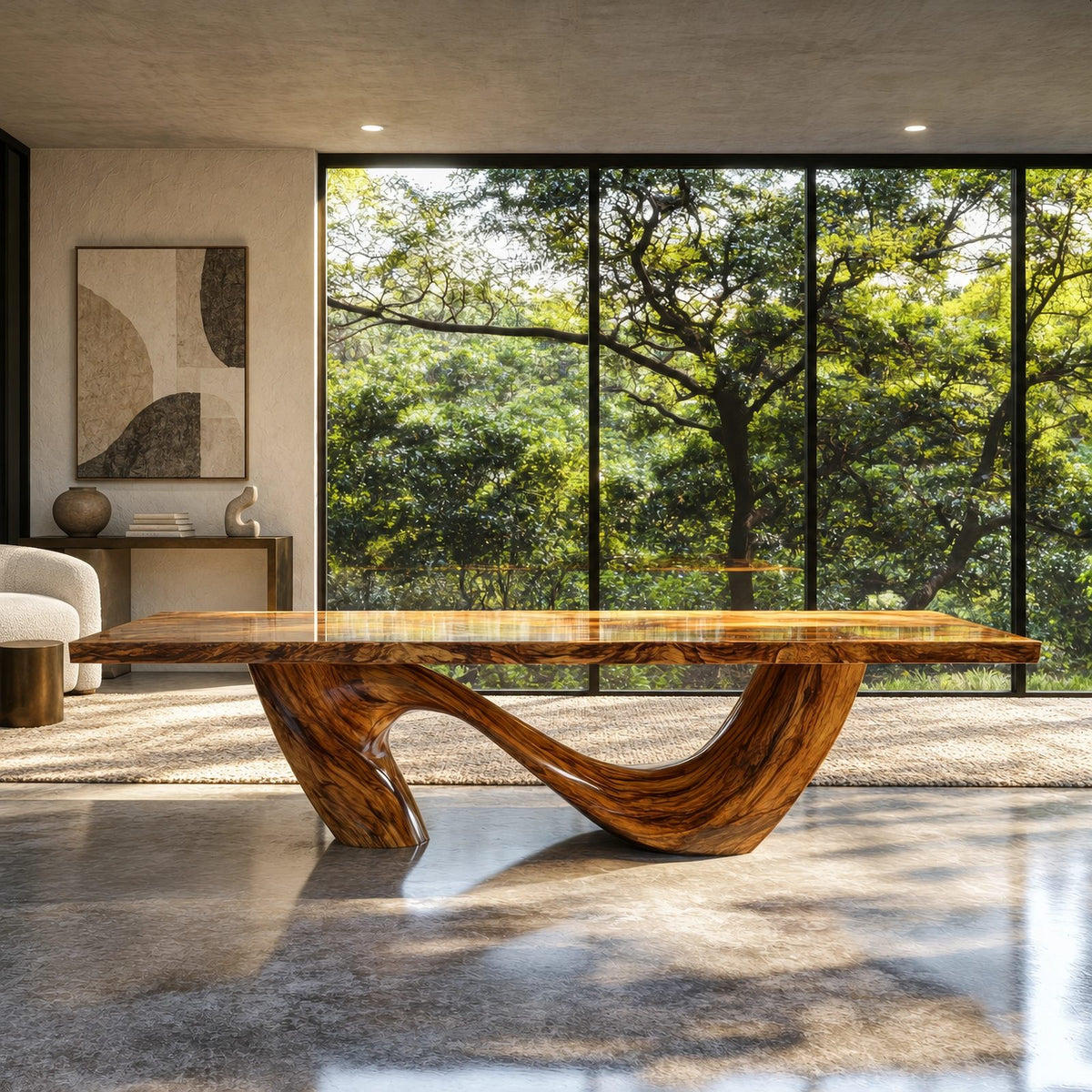 Contemporary Live Edge Dining Table With Twisted Wave Base For Dining Room
