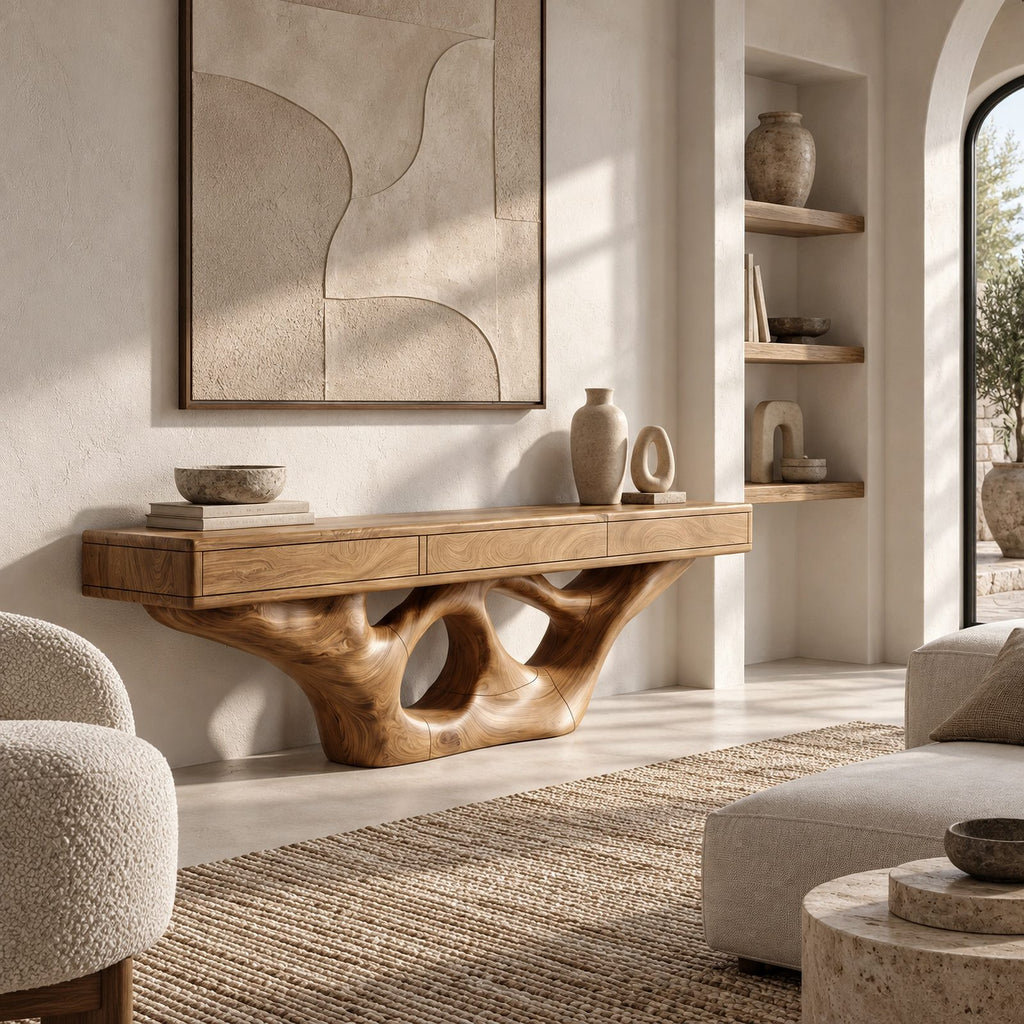 Organic Floating TV Stand With Carved Loop Base For Living Room