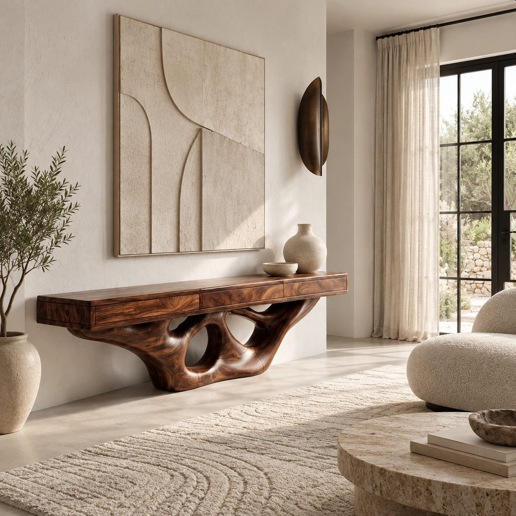Organic Floating TV Stand With Carved Loop Base For Living Room