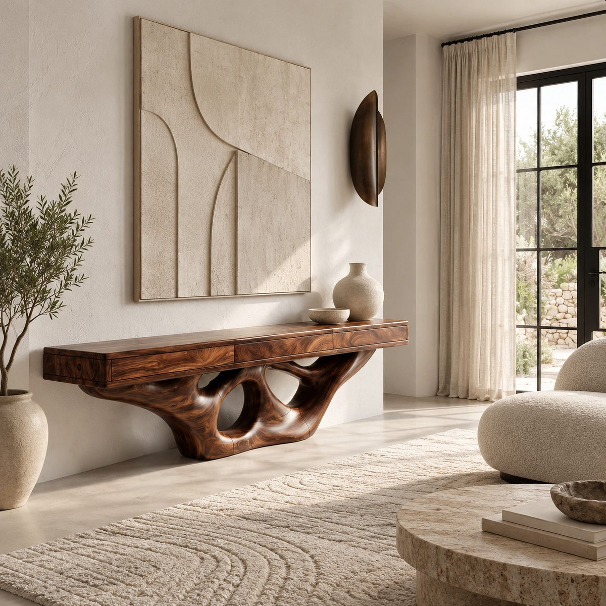 Organic Floating TV Stand With Carved Loop Base For Living Room