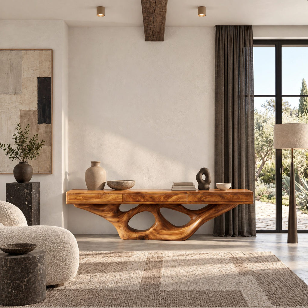 Organic Floating TV Stand With Carved Loop Base For Living Room