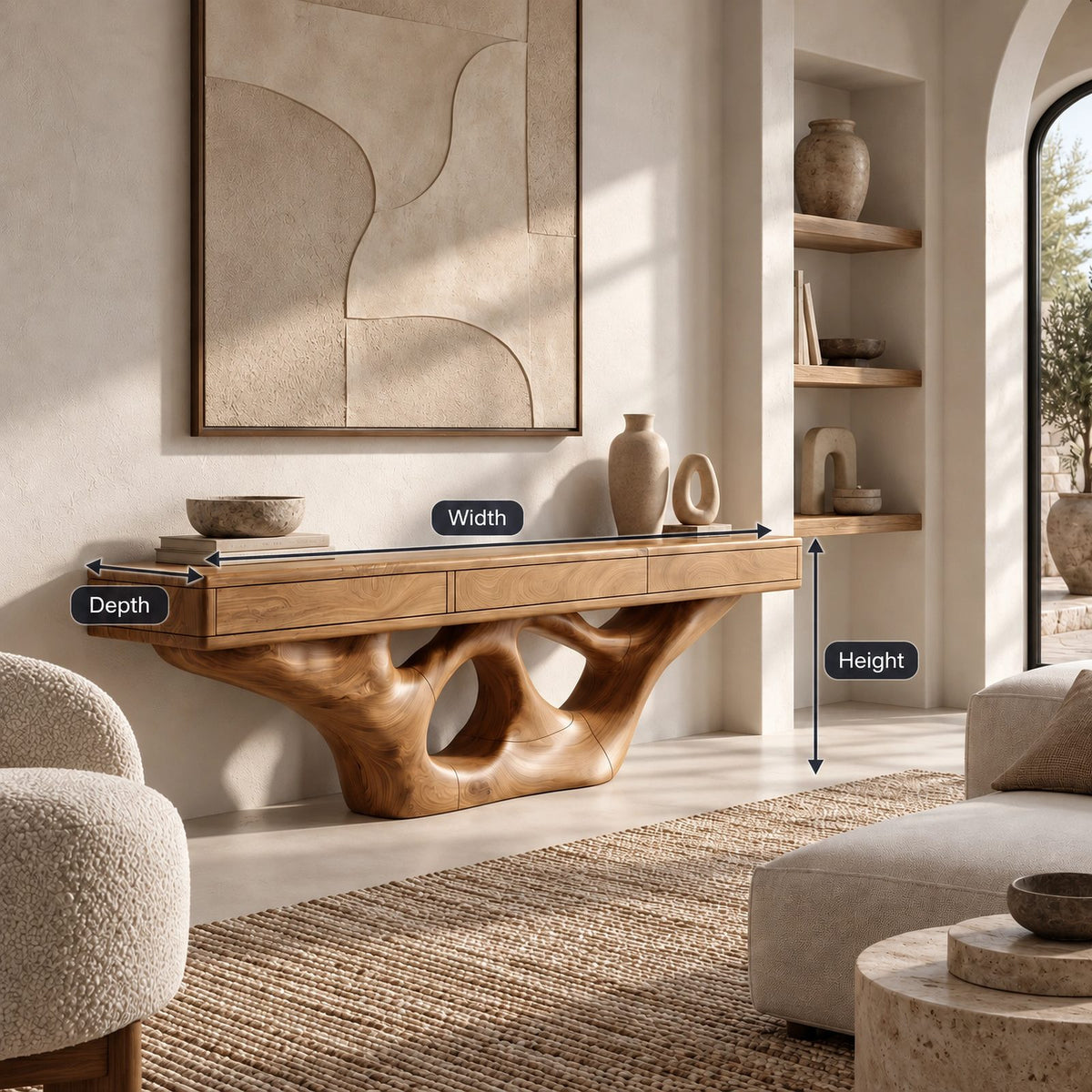 Organic Floating TV Stand With Carved Loop Base For Living Room
