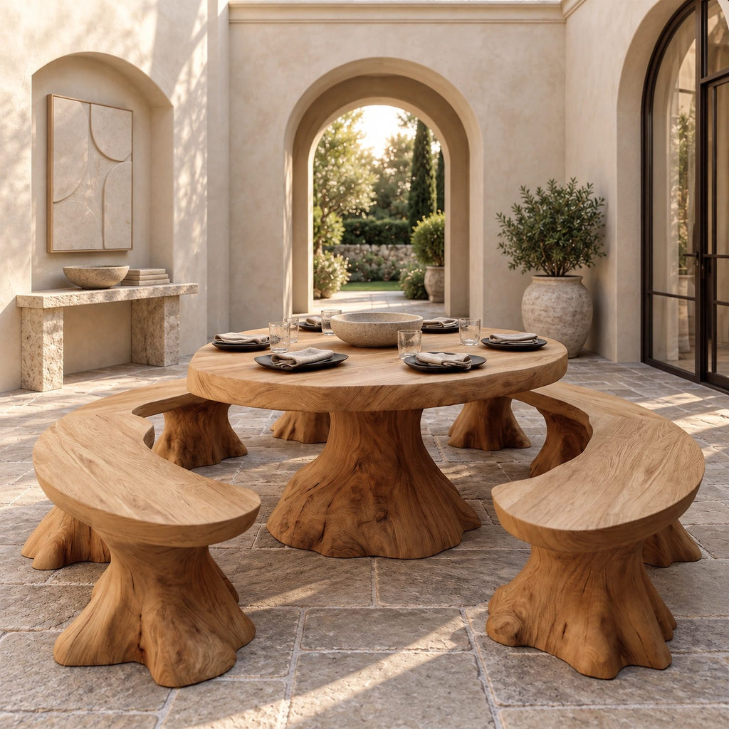 Farmhouse Round Dining Table With Natural Stump Legs For Dining Room