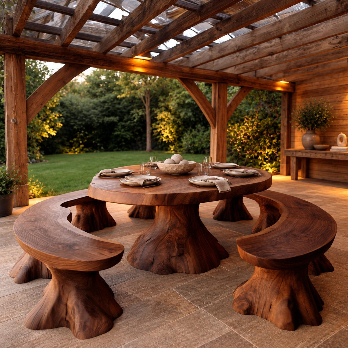 Farmhouse Round Dining Table With Natural Stump Legs For Dining Room