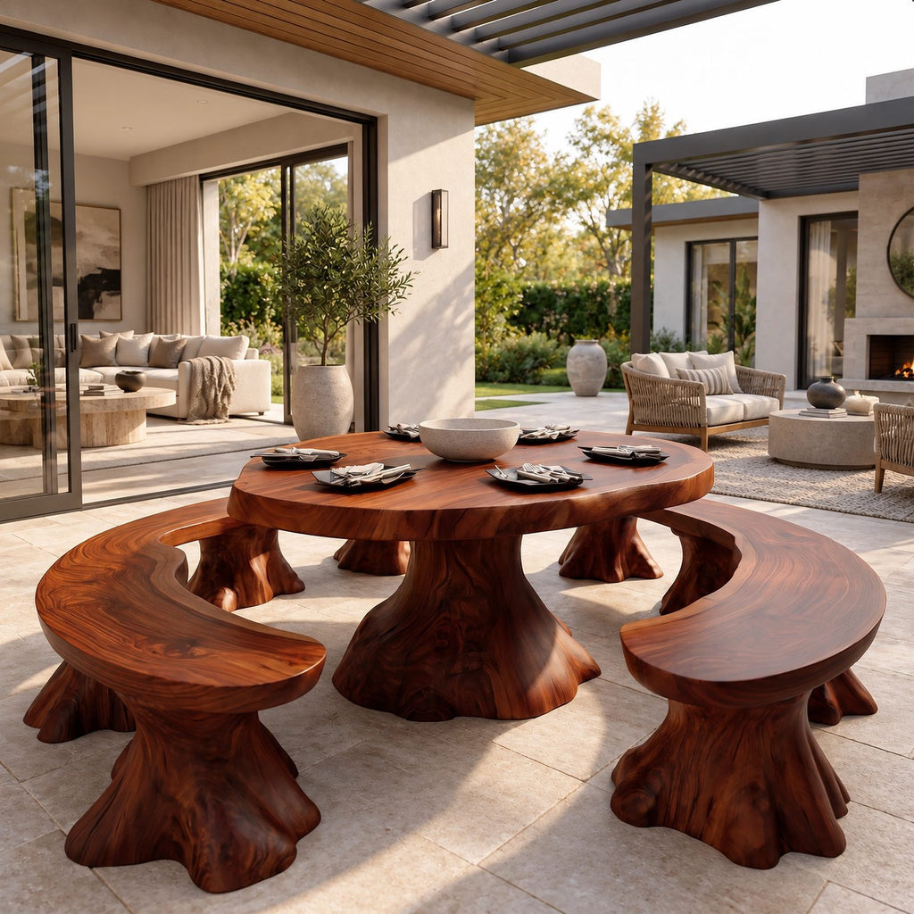 Farmhouse Round Dining Table With Natural Stump Legs For Dining Room