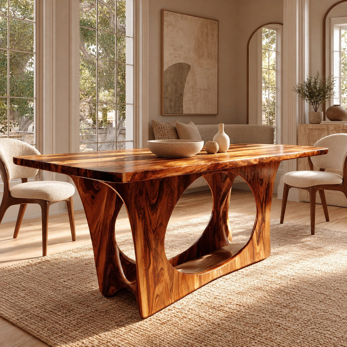 Modern Solid Wood Dining Table With Waterfall Cutout Base For Dining Room