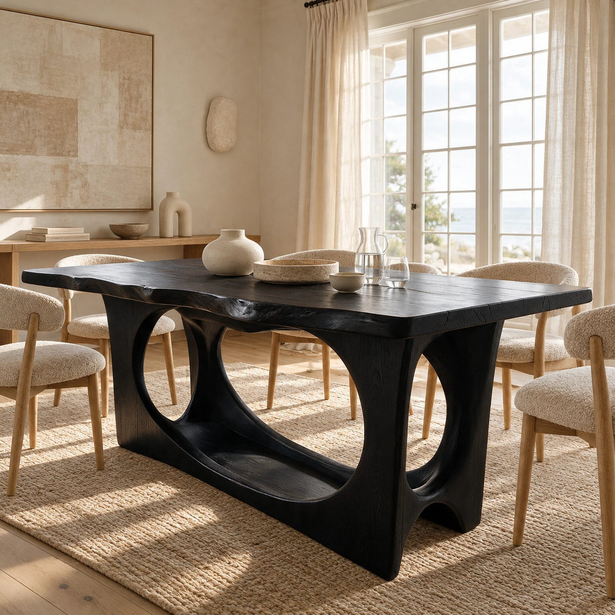 Modern Solid Wood Dining Table With Waterfall Cutout Base For Dining Room