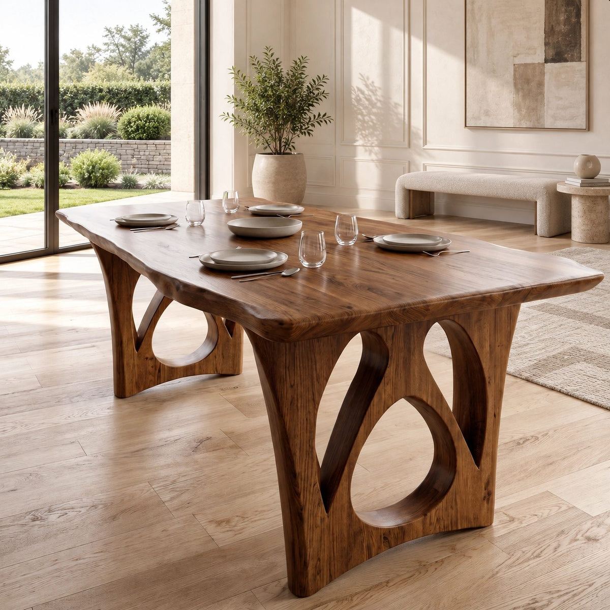 Modern Live Edge Dining Table With Sculptural Arch Base For Dining Room