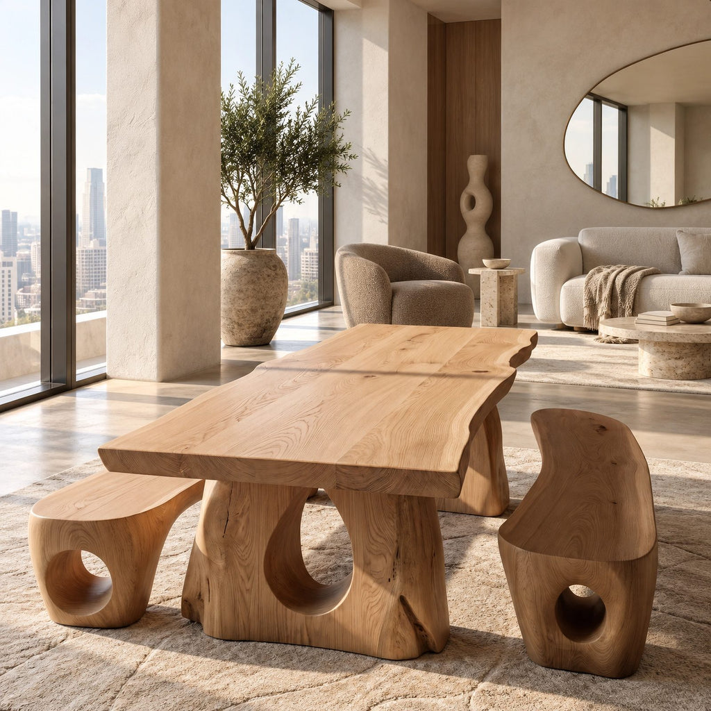 Sculptural Live Edge Dining Table With Carved Trunk Base For Dining Room