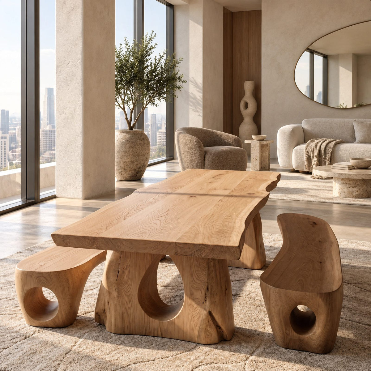 Sculptural Live Edge Dining Table With Carved Trunk Base For Dining Room