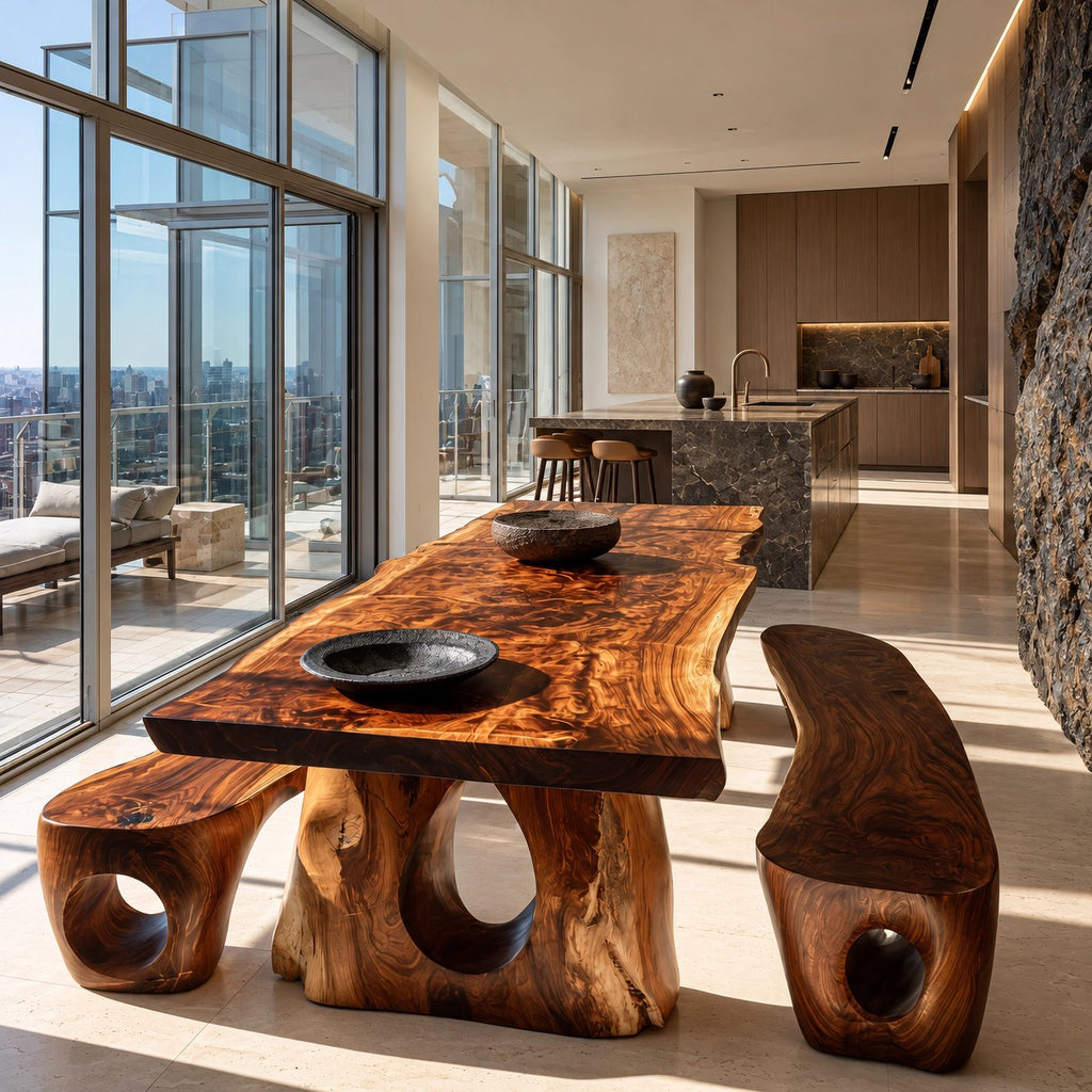 Sculptural Live Edge Dining Table With Carved Trunk Base For Dining Room