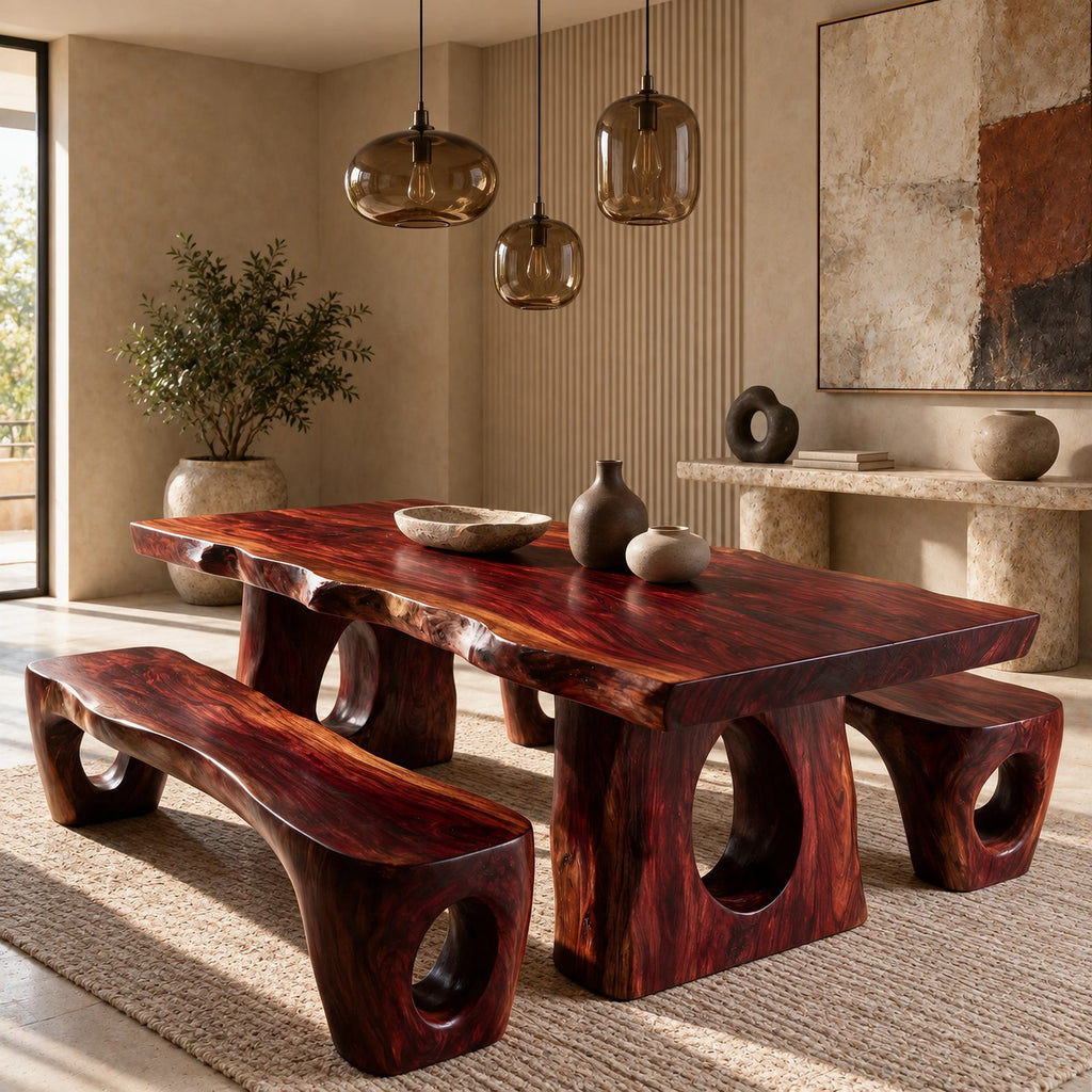 Sculptural Live Edge Dining Table With Carved Trunk Base For Dining Room