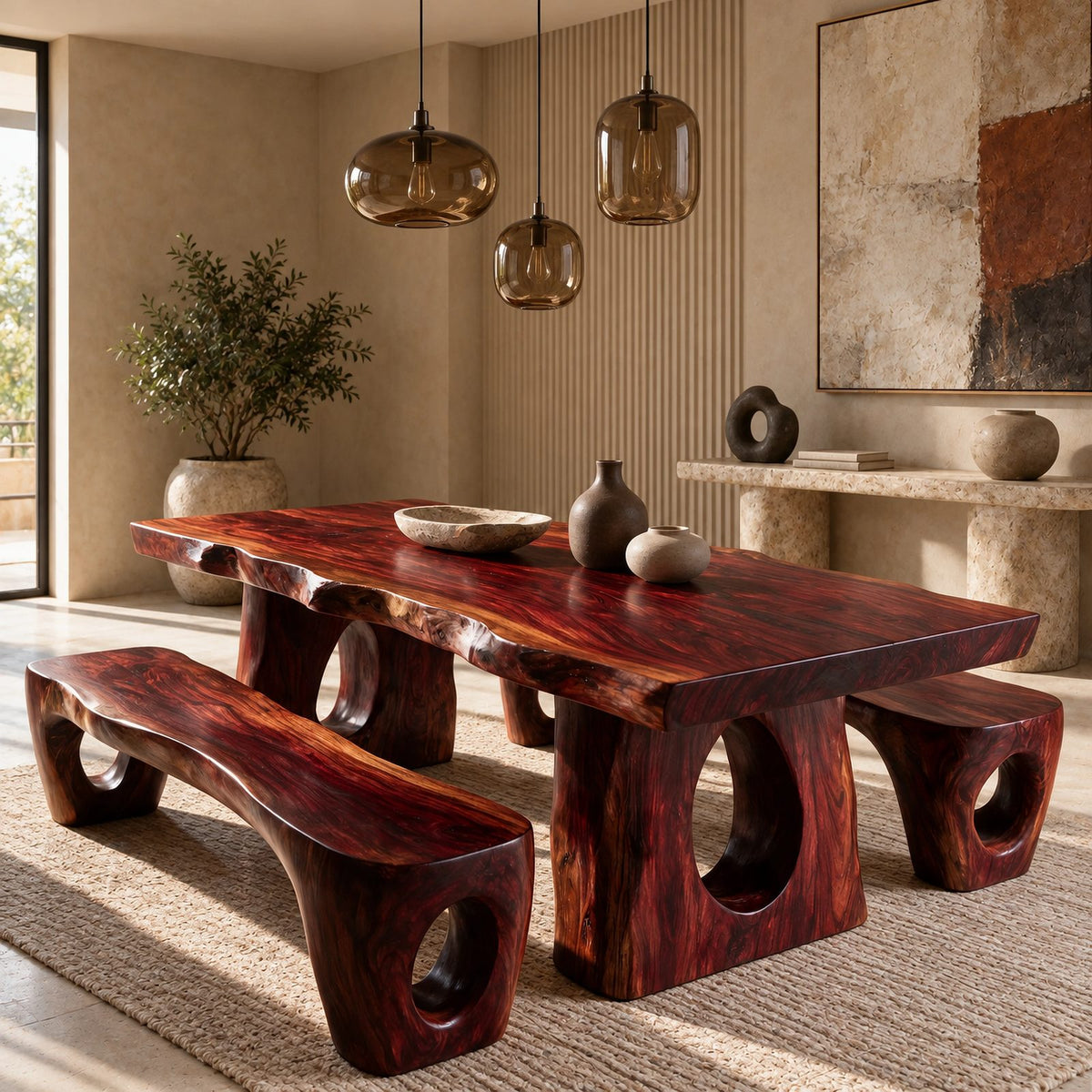 Sculptural Live Edge Dining Table With Carved Trunk Base For Dining Room