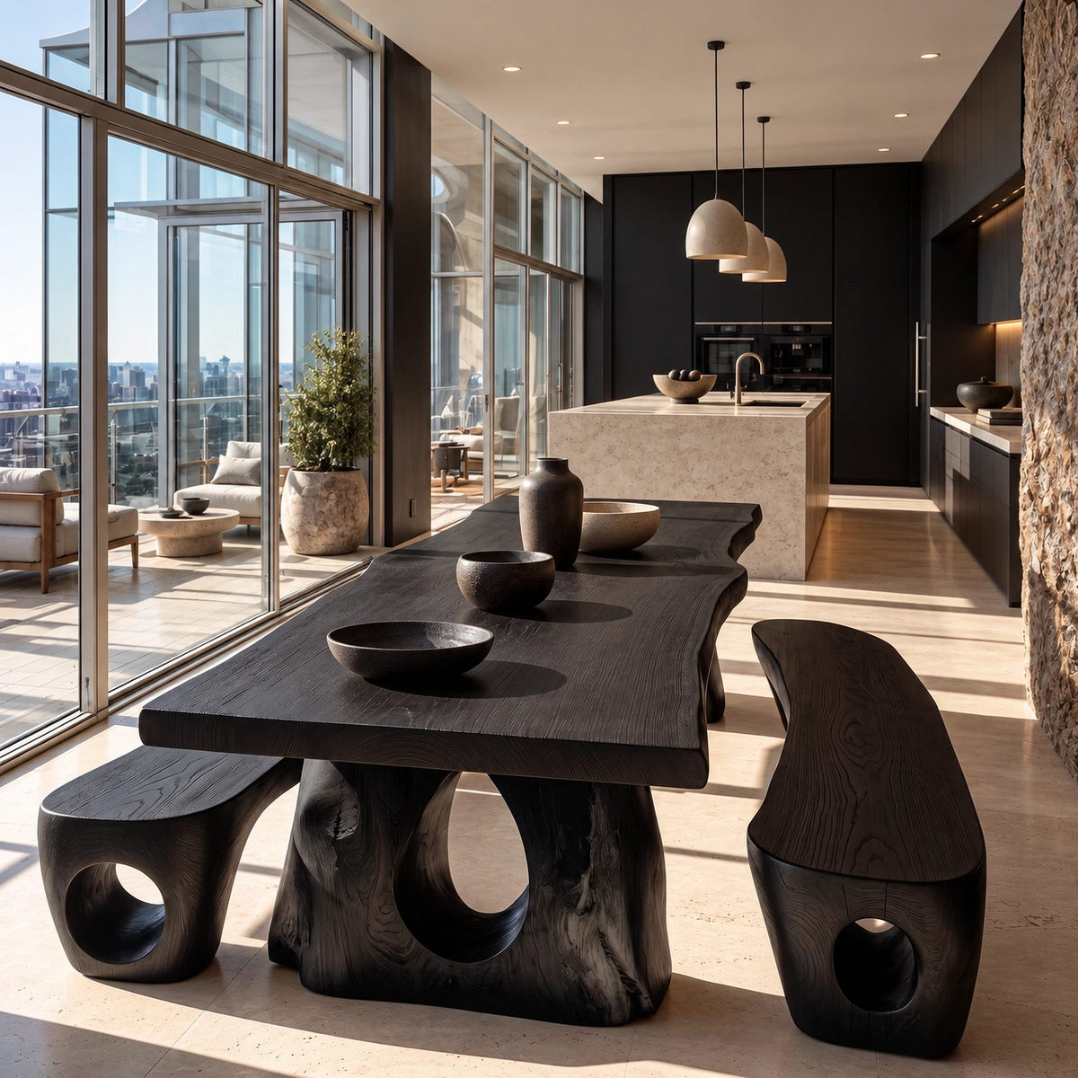 Sculptural Live Edge Dining Table With Carved Trunk Base For Dining Room