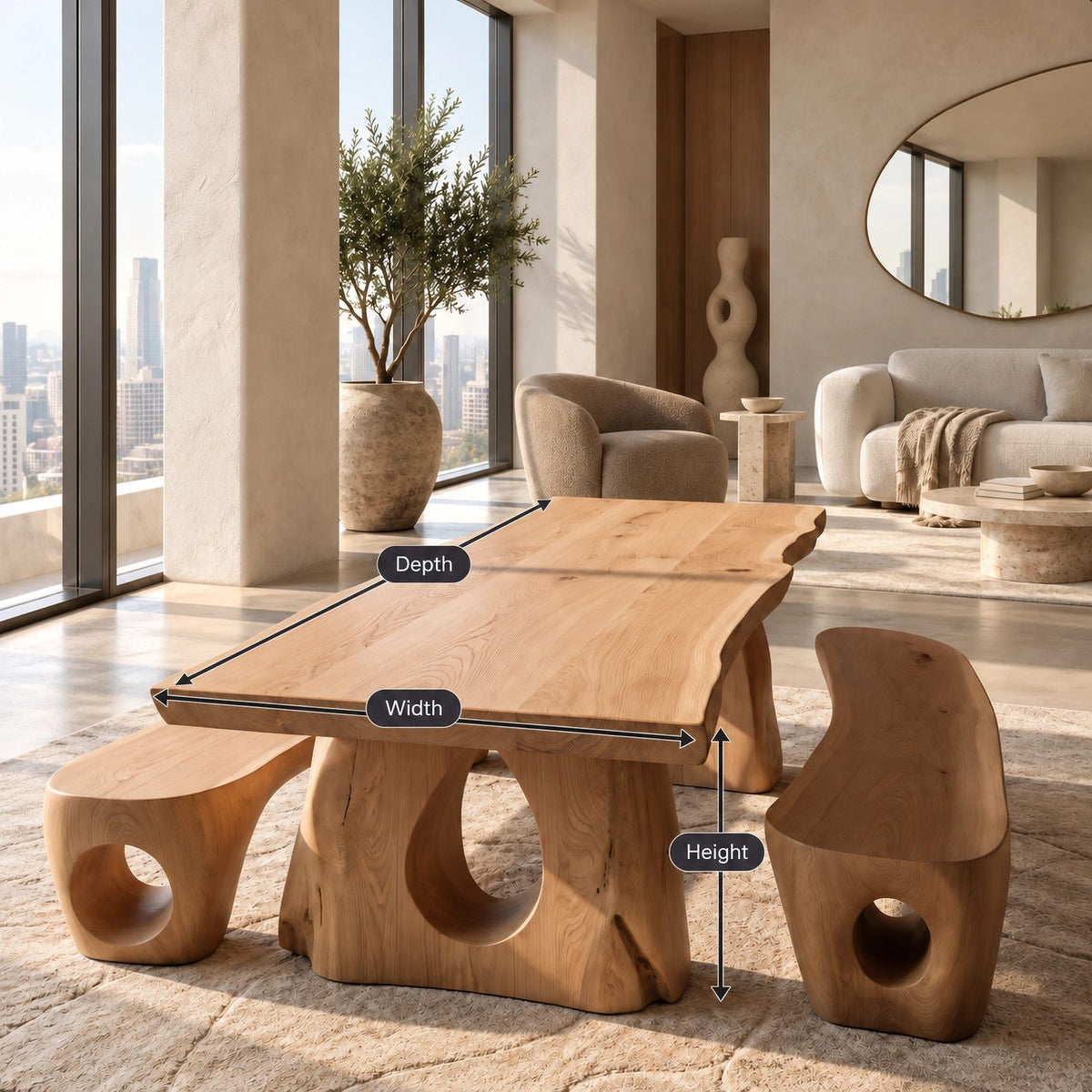 Sculptural Live Edge Dining Table With Carved Trunk Base For Dining Room