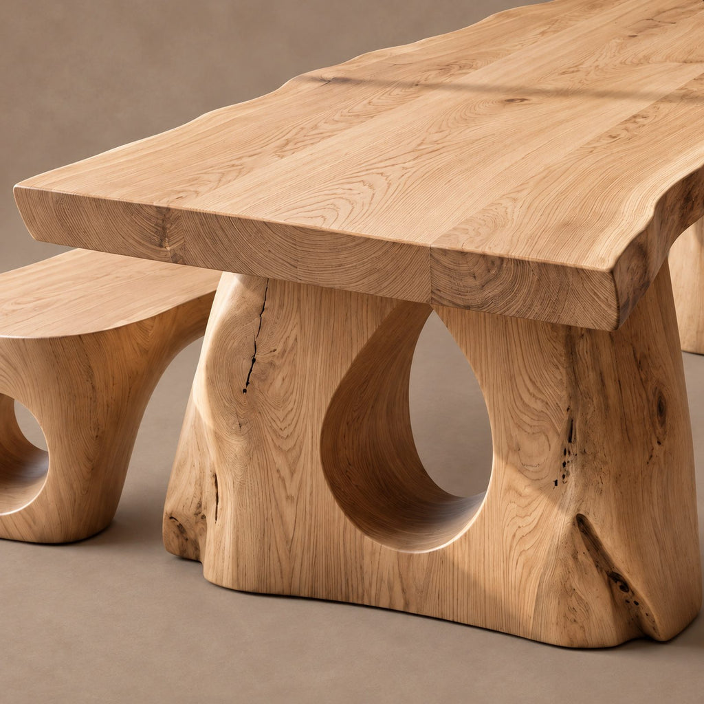 Sculptural Live Edge Dining Table With Carved Trunk Base For Dining Room
