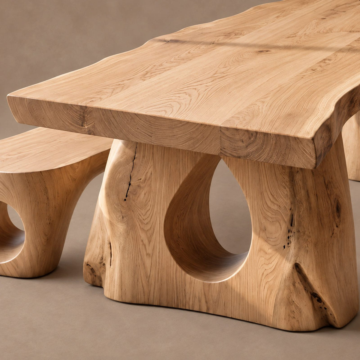 Sculptural Live Edge Dining Table With Carved Trunk Base For Dining Room
