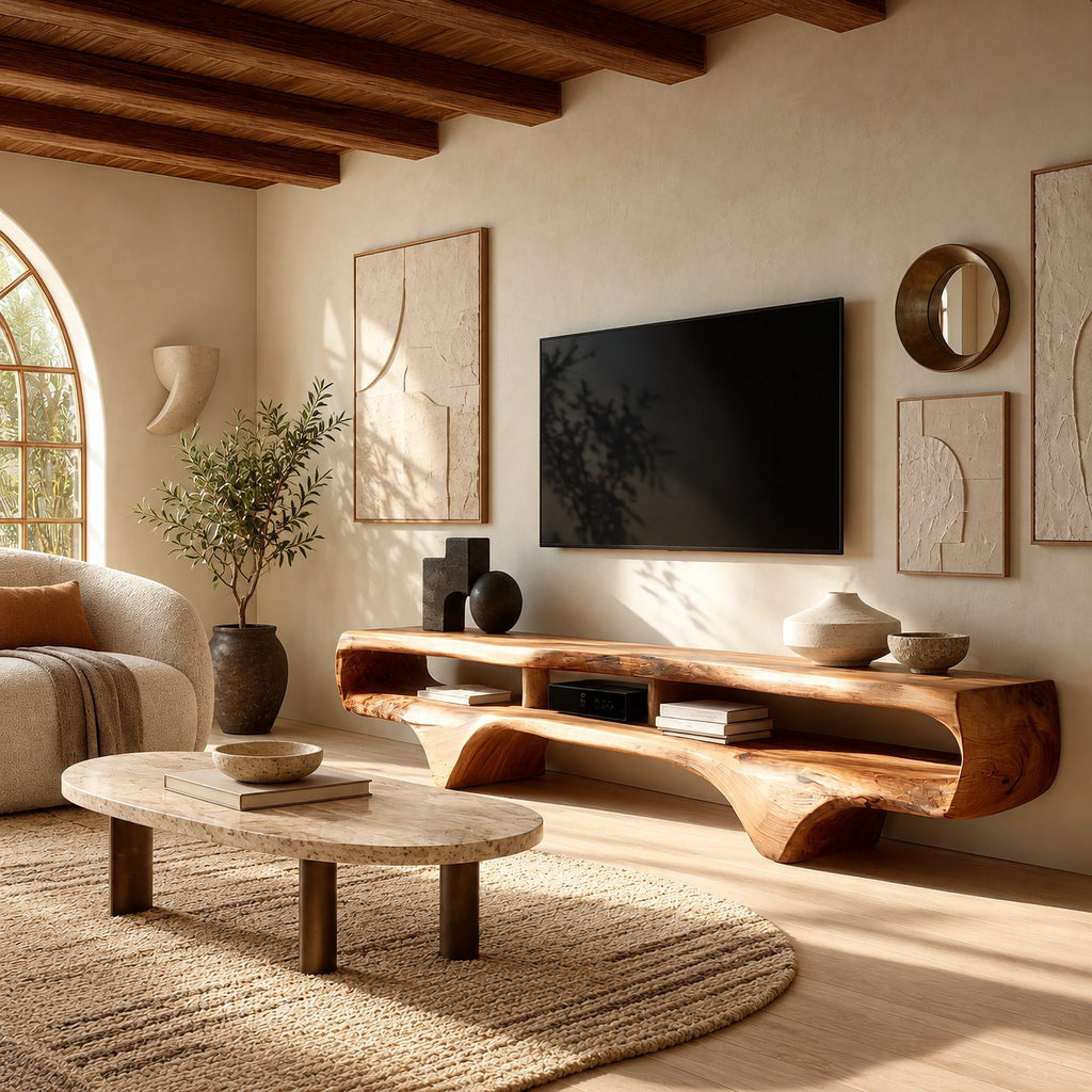 Contemporary Live Edge Floating TV Stand With Open Shelf For Living Room