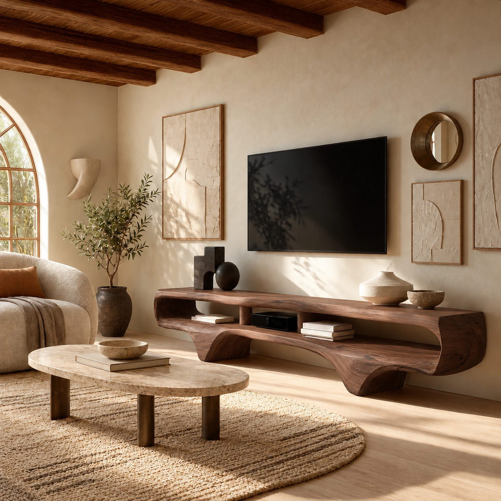Contemporary Live Edge Floating TV Stand With Open Shelf For Living Room