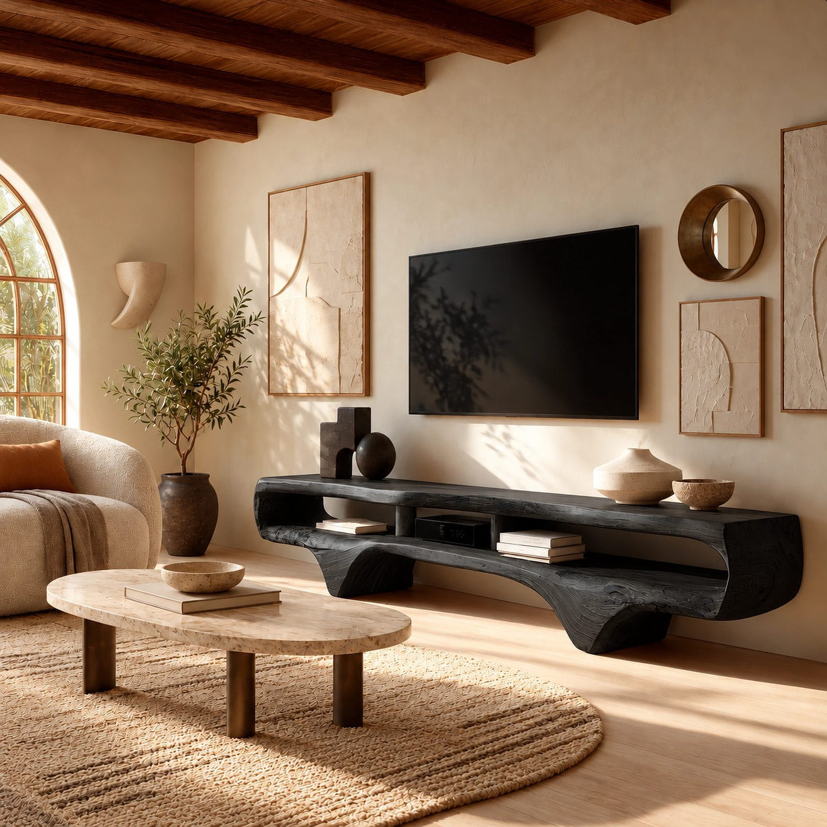 Contemporary Live Edge Floating TV Stand With Open Shelf For Living Room