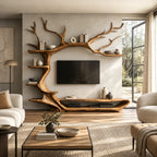 Rustic Tree Branch Wood TV Stand With Display Shelves For Living Room