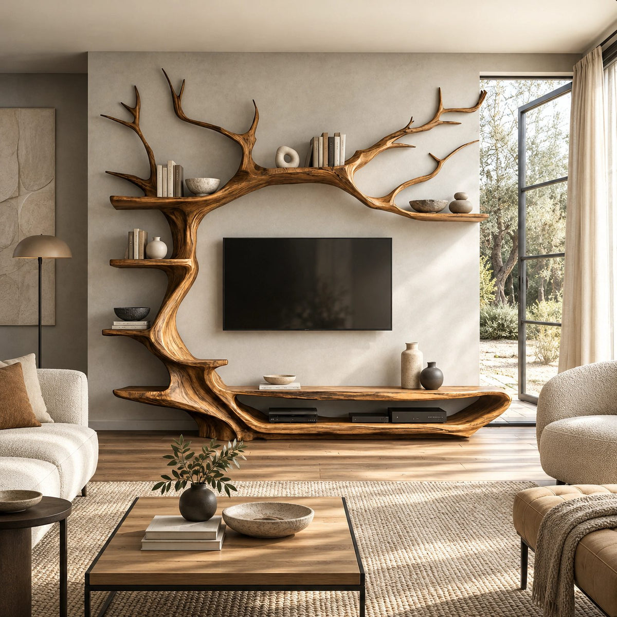 Rustic Tree Branch Wood TV Stand With Display Shelves For Living Room