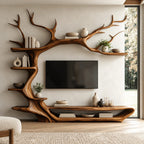 Rustic Tree Branch Wood TV Stand With Display Shelves For Living Room