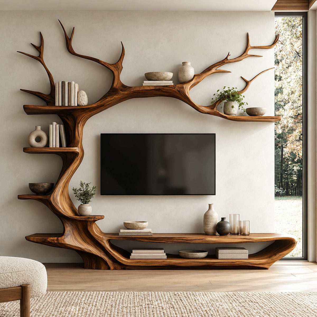 Rustic Tree Branch Wood TV Stand With Display Shelves For Living Room