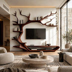Rustic Tree Branch Wood TV Stand With Display Shelves For Living Room
