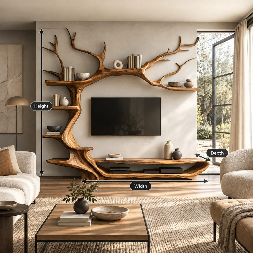 Rustic Tree Branch Wood TV Stand With Display Shelves For Living Room