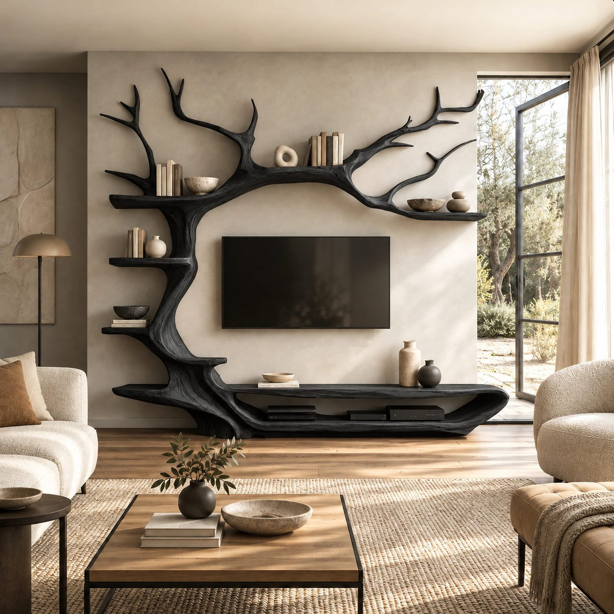 Rustic Tree Branch Wood TV Stand With Display Shelves For Living Room