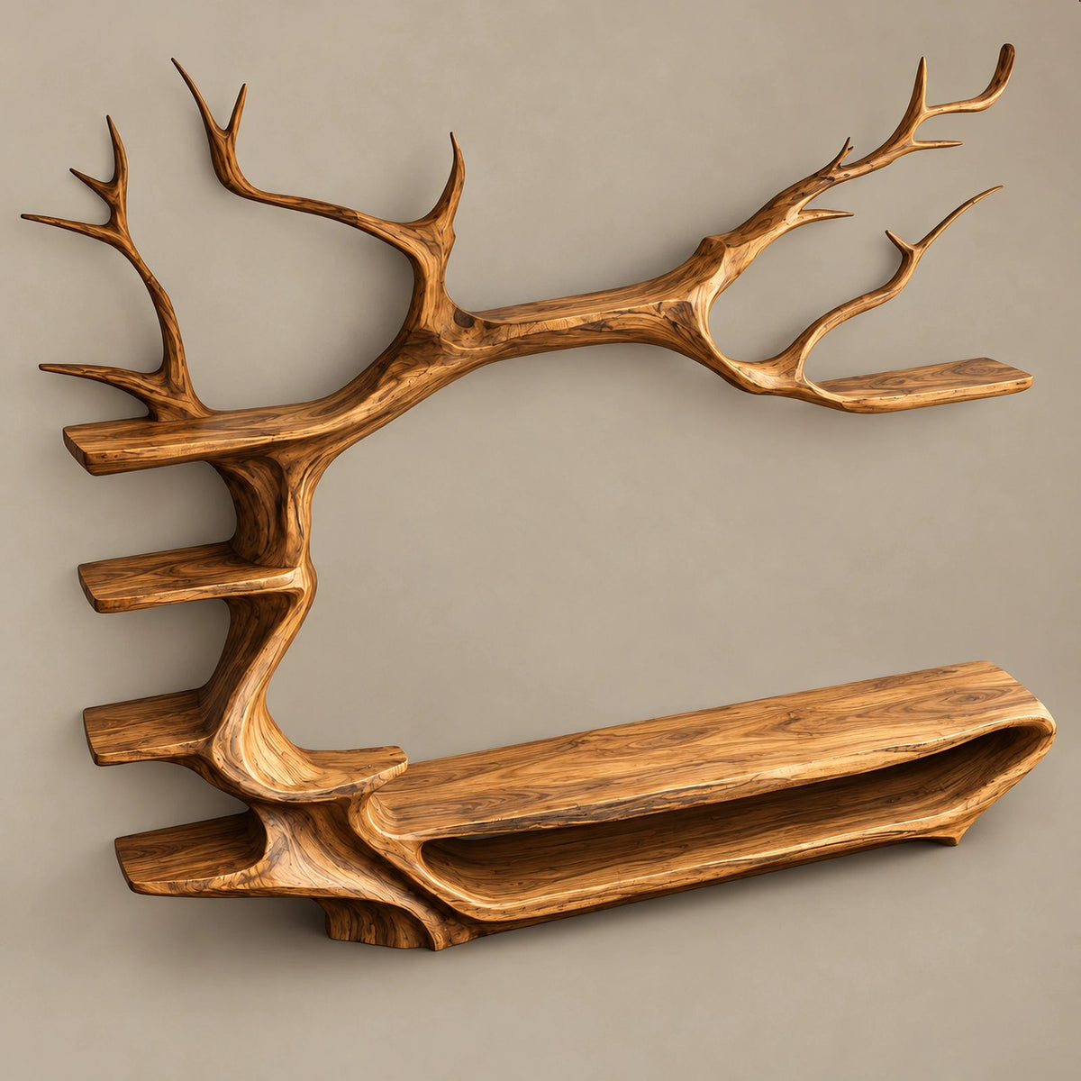 Rustic Tree Branch Wood TV Stand With Display Shelves For Living Room