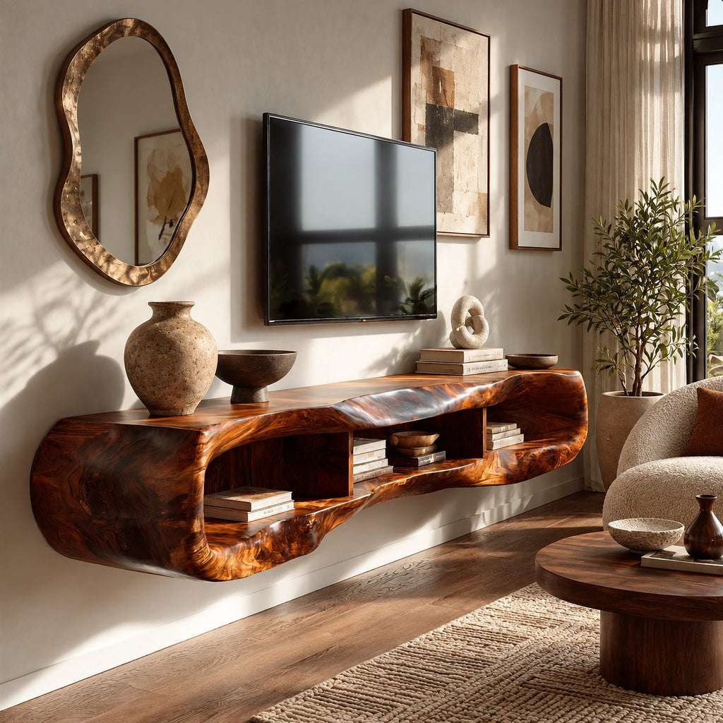 Minimalist Sculpted Live Edge TV Stand With Open Shelving For Living Room