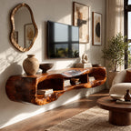 Minimalist Sculpted Live Edge TV Stand With Open Shelving For Living Room