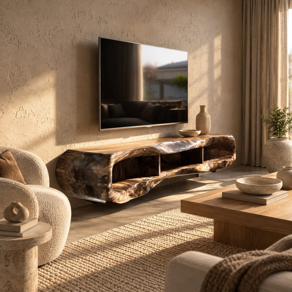 Minimalist Sculpted Live Edge TV Stand With Open Shelving For Living Room
