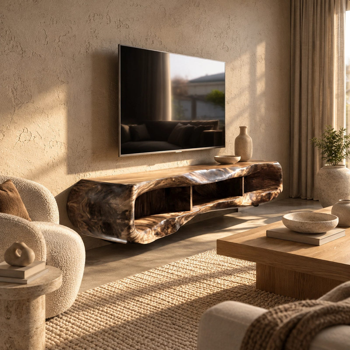 Minimalist Sculpted Live Edge TV Stand With Open Shelving For Living Room
