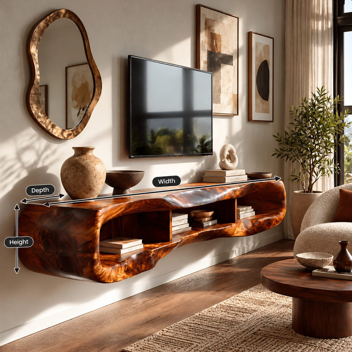 Minimalist Sculpted Live Edge TV Stand With Open Shelving For Living Room