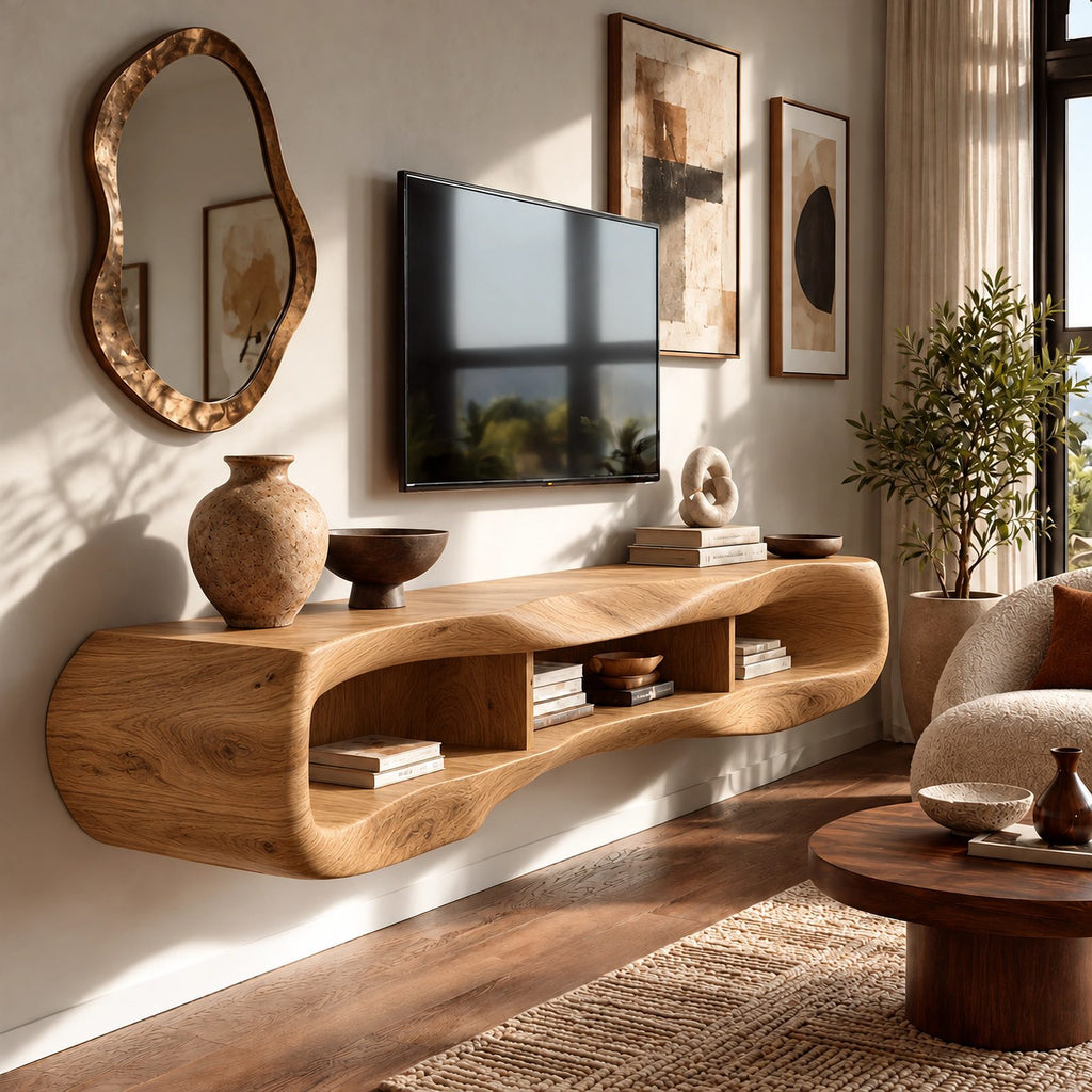 Minimalist Sculpted Live Edge TV Stand With Open Shelving For Living Room