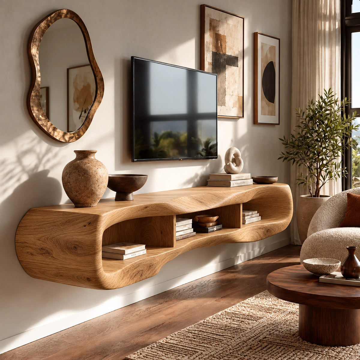 Minimalist Sculpted Live Edge TV Stand With Open Shelving For Living Room