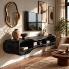 Minimalist Sculpted Live Edge TV Stand With Open Shelving For Living Room
