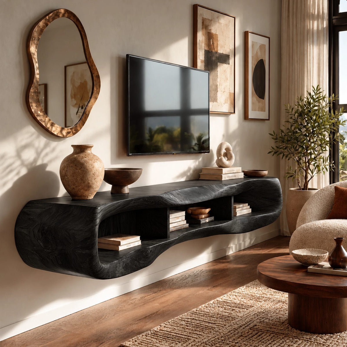 Minimalist Sculpted Live Edge TV Stand With Open Shelving For Living Room