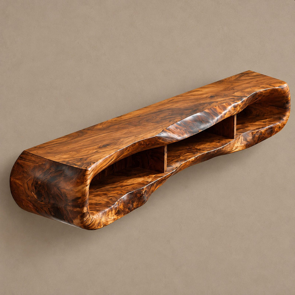 Minimalist Sculpted Live Edge TV Stand With Open Shelving For Living Room