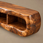Minimalist Sculpted Live Edge TV Stand With Open Shelving For Living Room