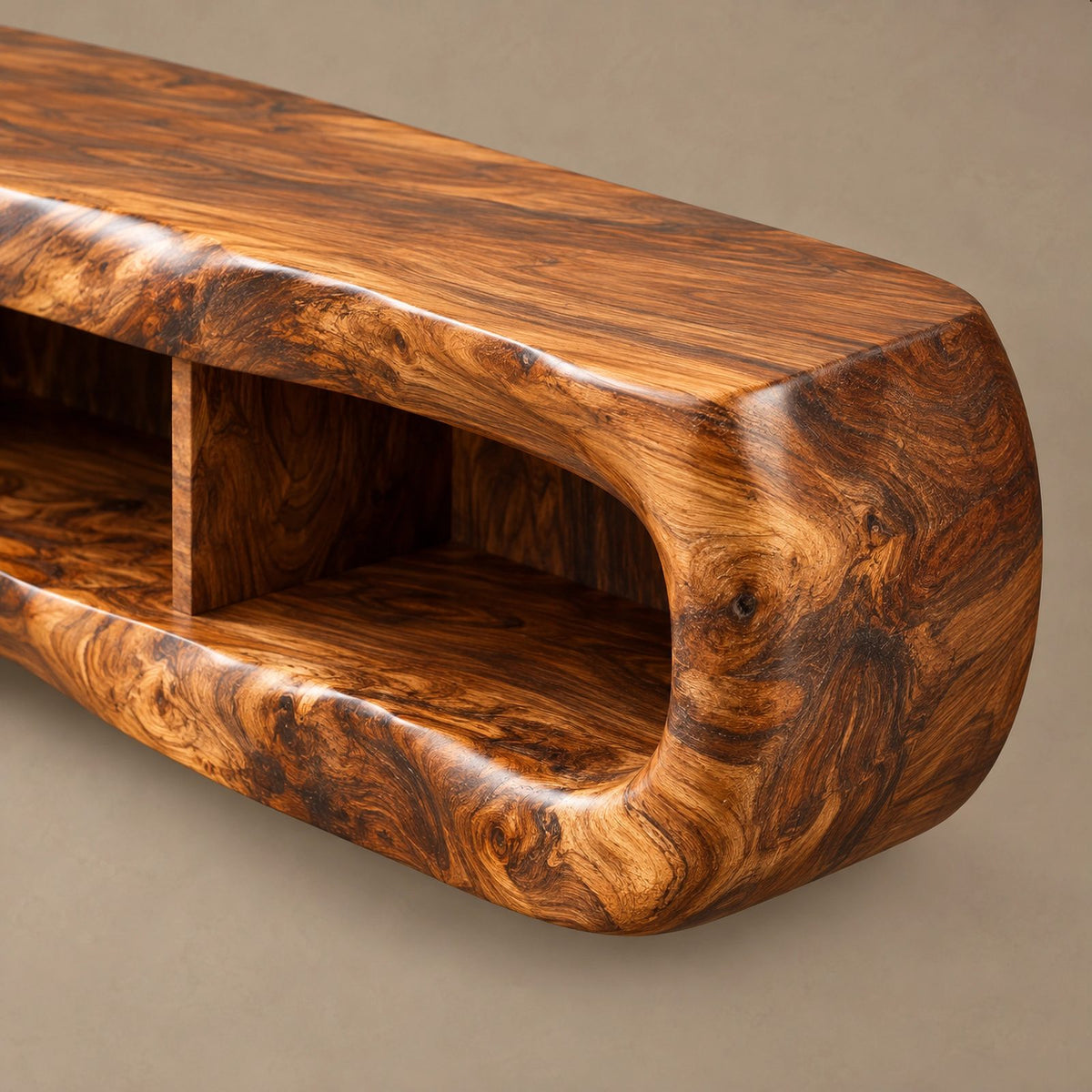 Minimalist Sculpted Live Edge TV Stand With Open Shelving For Living Room